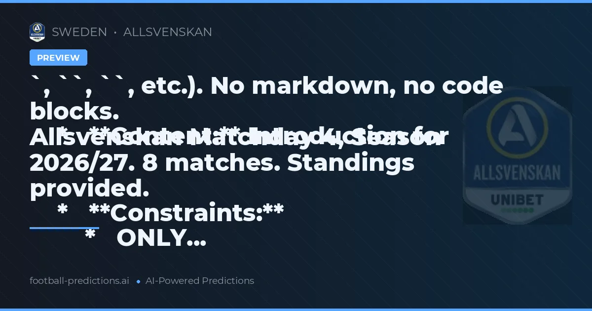 `, ``, ``, etc.). No markdown, no code blocks.
    *   **Content:** Introduction for Allsvenskan Matchday 4, Season 2026/27. 8 matches. Standings provided.
    *   **Constraints:**
        *   ONLY...