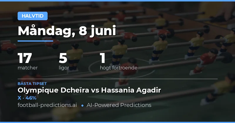 Halvtidsresultat tips för söndagen den 8 juni 2026