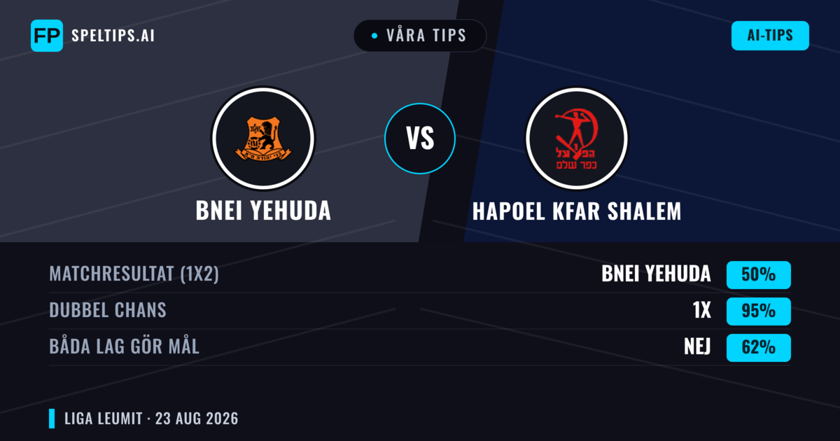 Våra tips: Bnei Yehuda mot Hapoel Kfar Shalem — Bnei Yehuda — Vinst (55%); Över 2.5; Båda gör mål: Ja