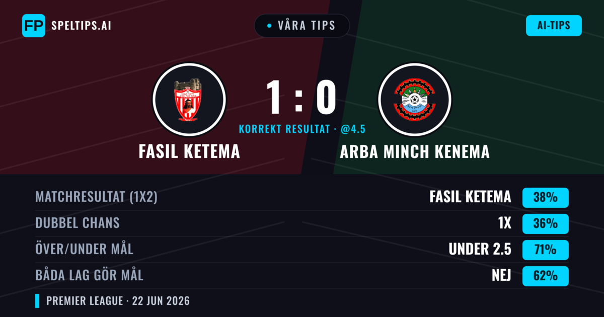 Våra tips: Fasil Ketema mot Arba Minch Kenema — Fasil Ketema — Vinst (38%); Under 2.5; Båda gör mål: Nej