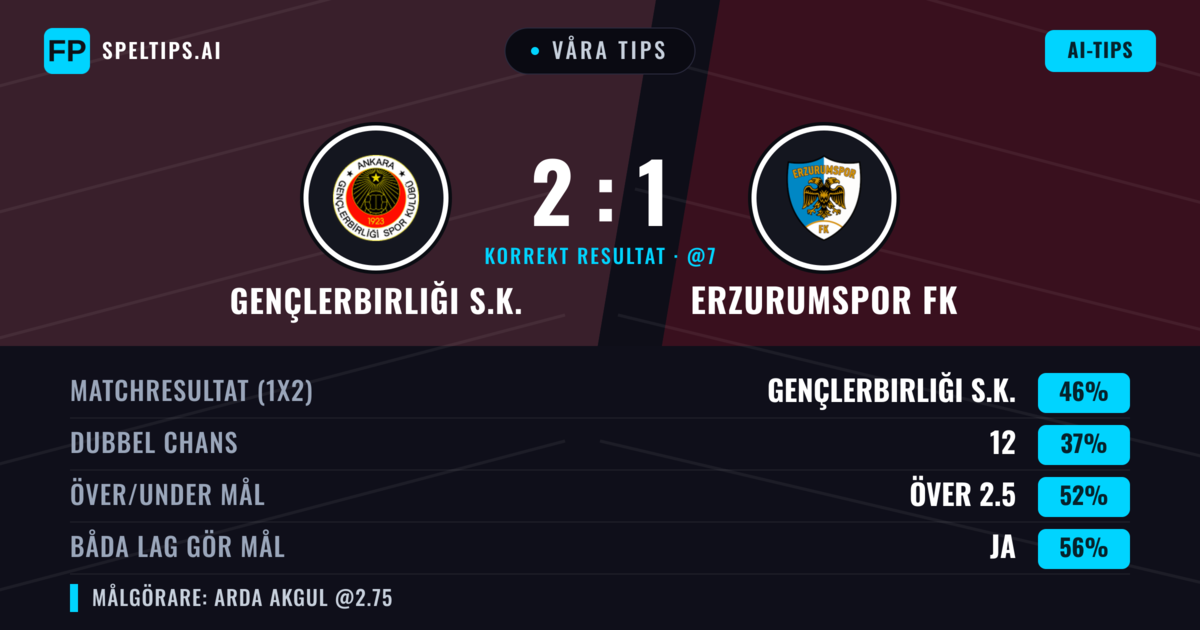 Våra tips: Gençlerbirliği S.K. mot Erzurumspor FK — Gençlerbirliği S.K. — Vinst (48%); Under 2.5; Båda gör mål: Nej