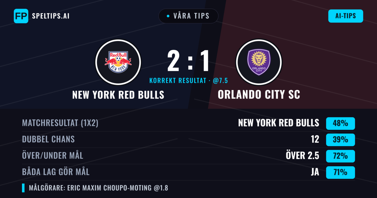 Våra tips: New York Red Bulls mot Orlando City SC — New York Red Bulls — Vinst (42%); Över 2.5; Båda gör mål: Ja