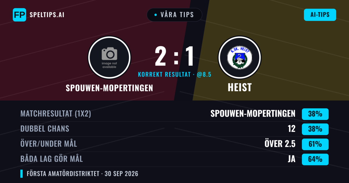 Våra tips: Spouwen-Mopertingen mot Heist — Heist — Vinst (38%); Över 2.5; Båda gör mål: Ja
